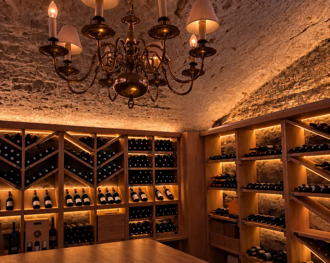 La cave à vin de L'Arche : casiers en bois éclairés à la bougie, lustre en laiton sous la voûte de tuffeau