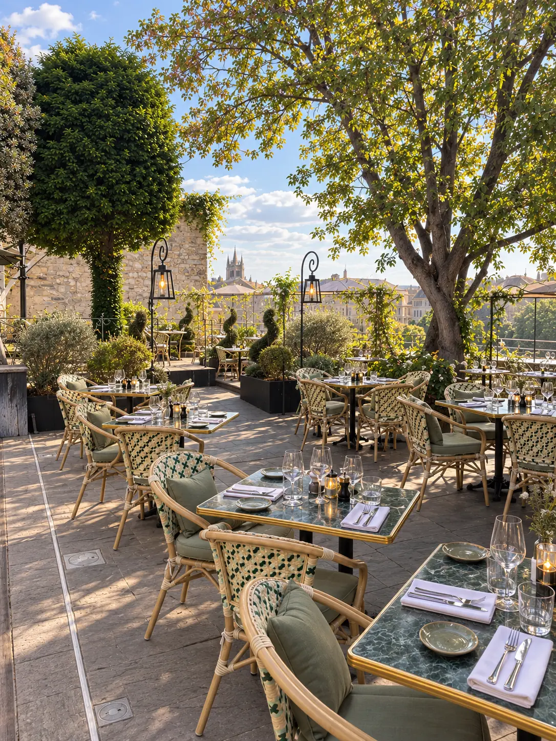 Le rooftop de L'Arche : tables dressées sous les arbres, lanternes et vue sur les toits d'Angers